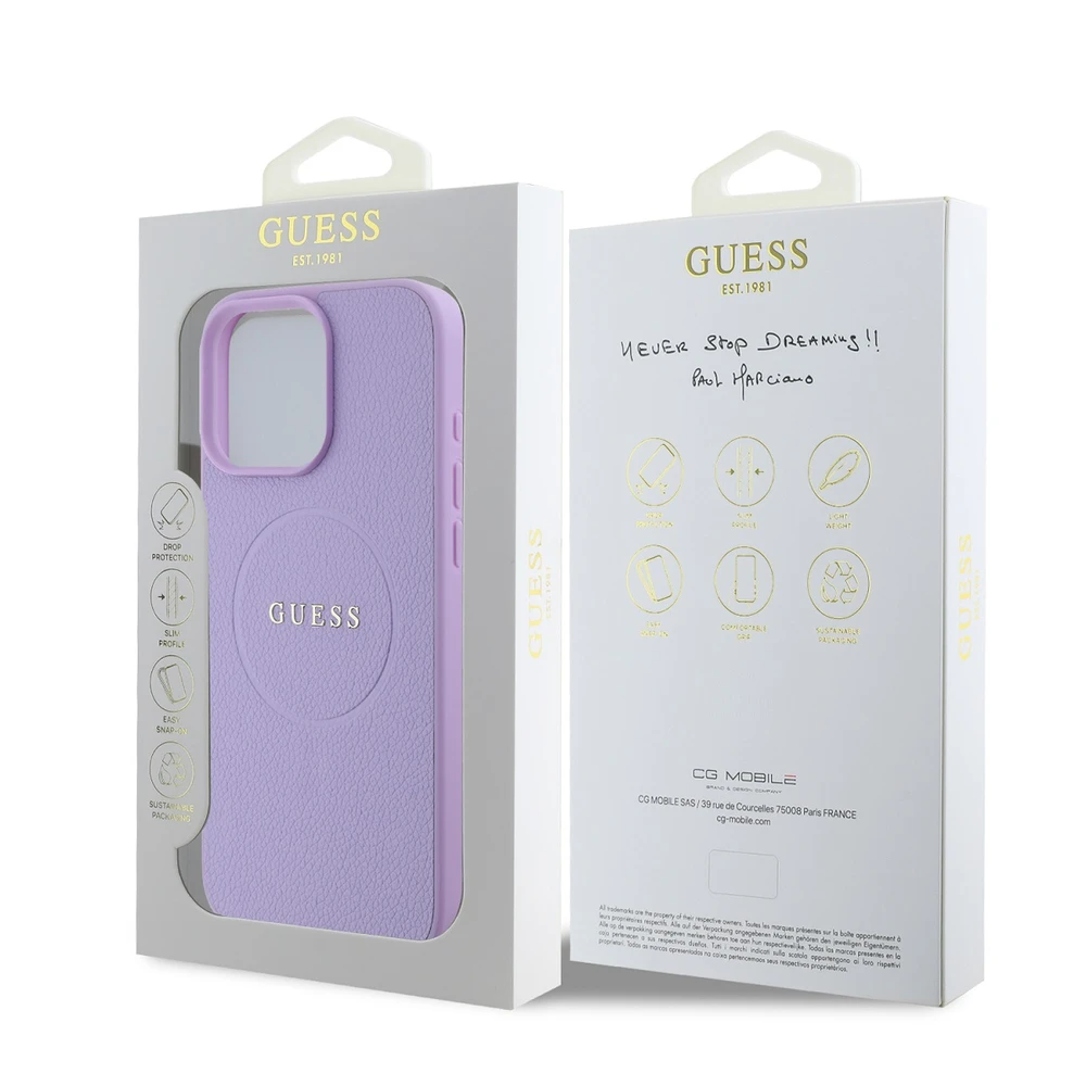 Guess PU Grained Classic Logo MagSafe Apple iPhone 16 Pro Max dėklas telefonui violetinės spalvos