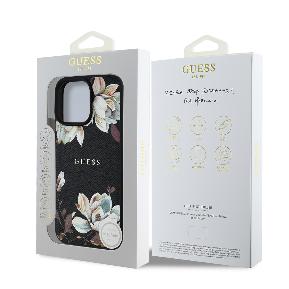 Guess Grained Printed Flower Pattern MagSafe - dėklas skirtas Apple iPhone 16 Pro juodas