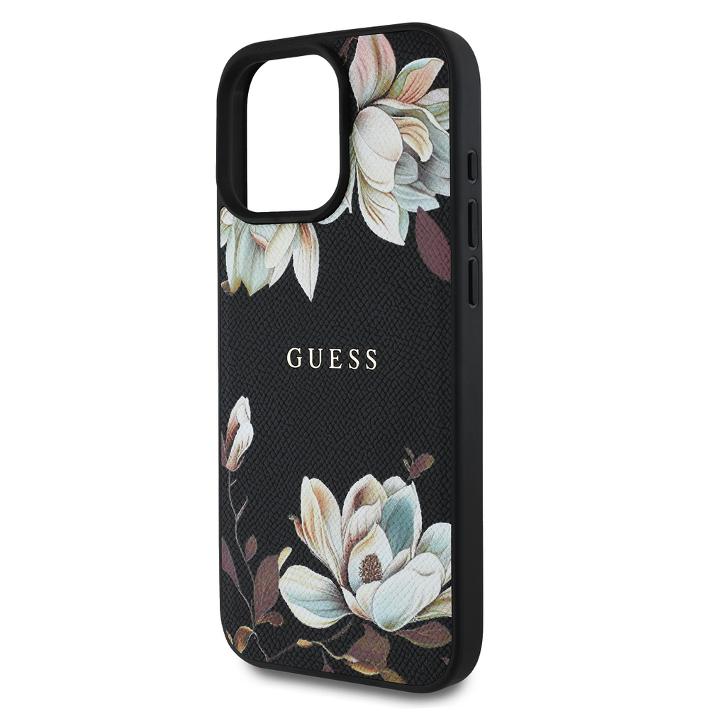Guess Grained Printed Flower Pattern MagSafe - dėklas skirtas Apple iPhone 16 Pro juodas