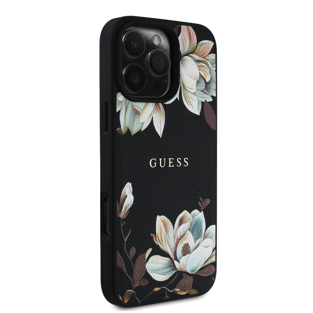 Guess Grained Printed Flower Pattern MagSafe - dėklas skirtas Apple iPhone 16 Pro juodas