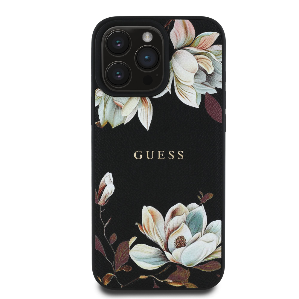 Guess Grained Printed Flower Pattern MagSafe - dėklas skirtas Apple iPhone 16 Pro juodas