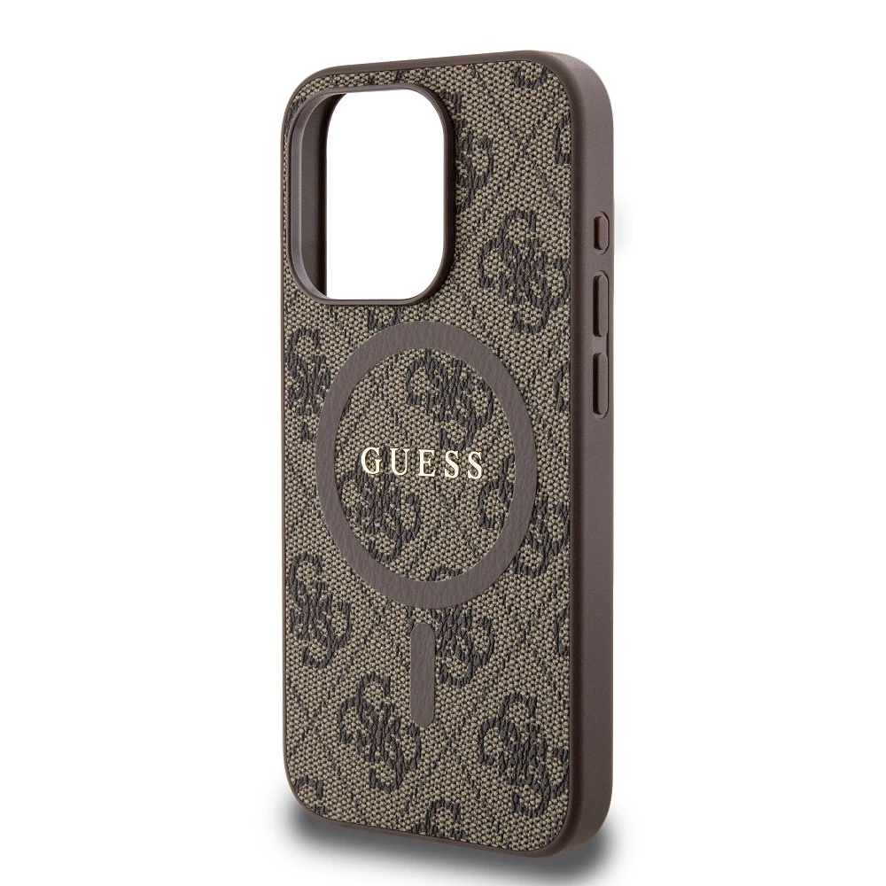 „Guess“ GUHMP15LG4GFRW Apple iPhone 15 Pro 6.1" rudos spalvos kietas dėklas, 4G kolekcija, odinis metalinis logotipas, MagSa