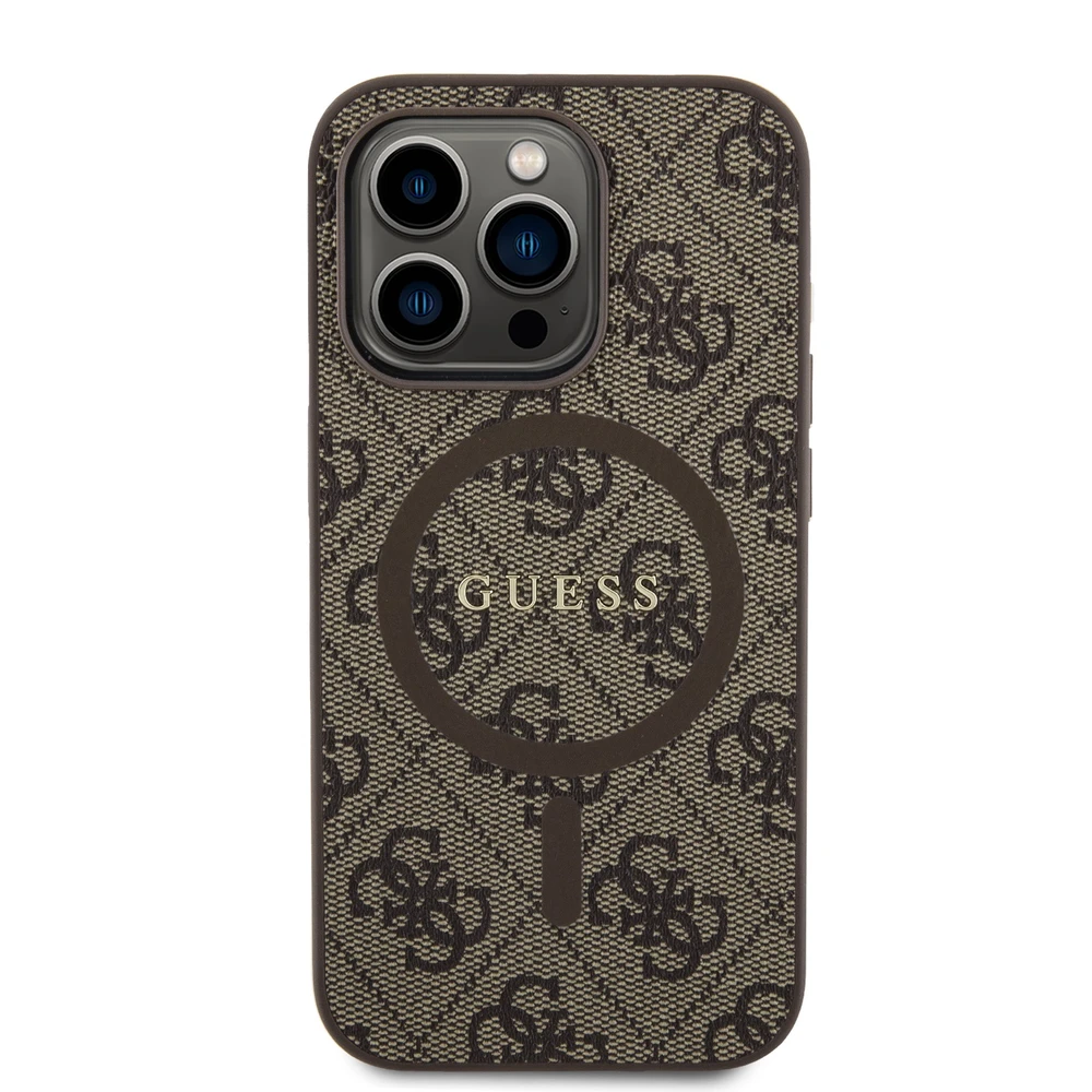 Guess GUHMP14LG4GFRW Apple iPhone 14 Pro 6.1" rudos spalvos dėklas 4G Collection Leather Metal Logo MagSa