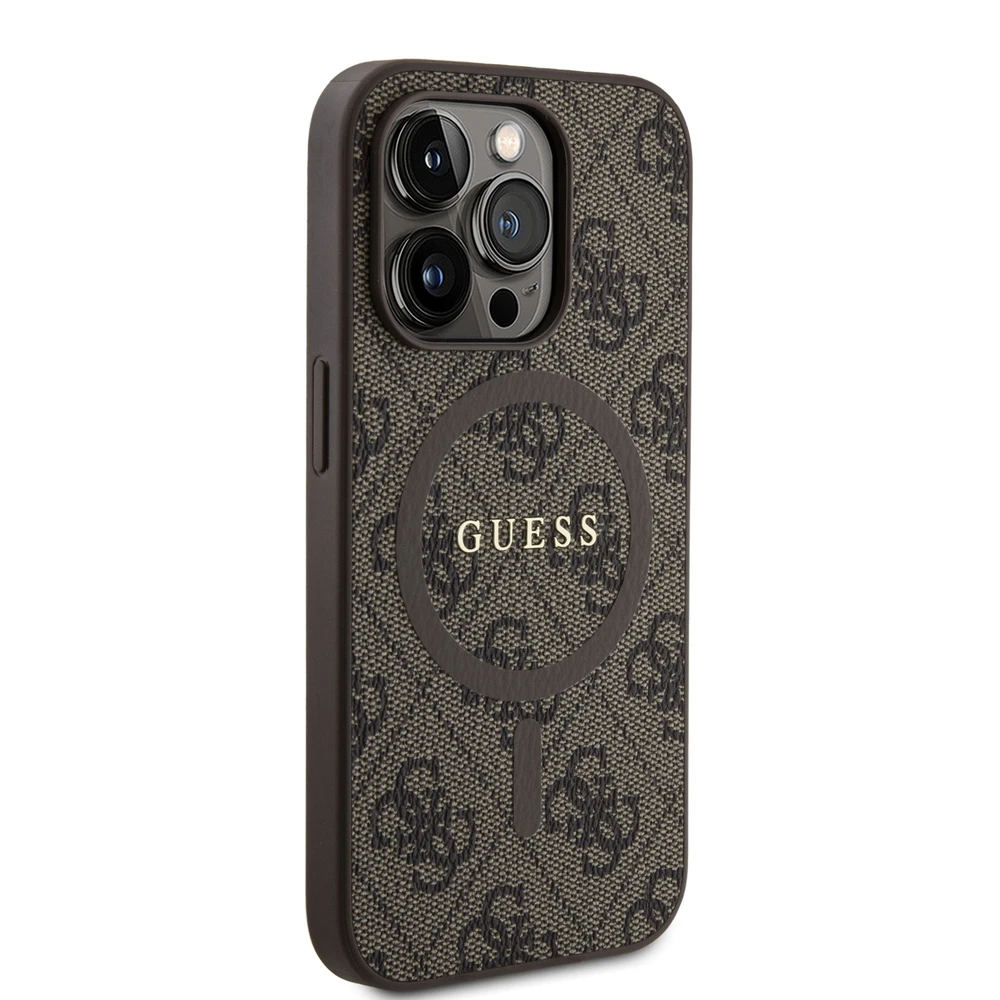 Guess GUHMP14LG4GFRW Apple iPhone 14 Pro 6.1" rudos spalvos dėklas 4G Collection Leather Metal Logo MagSa