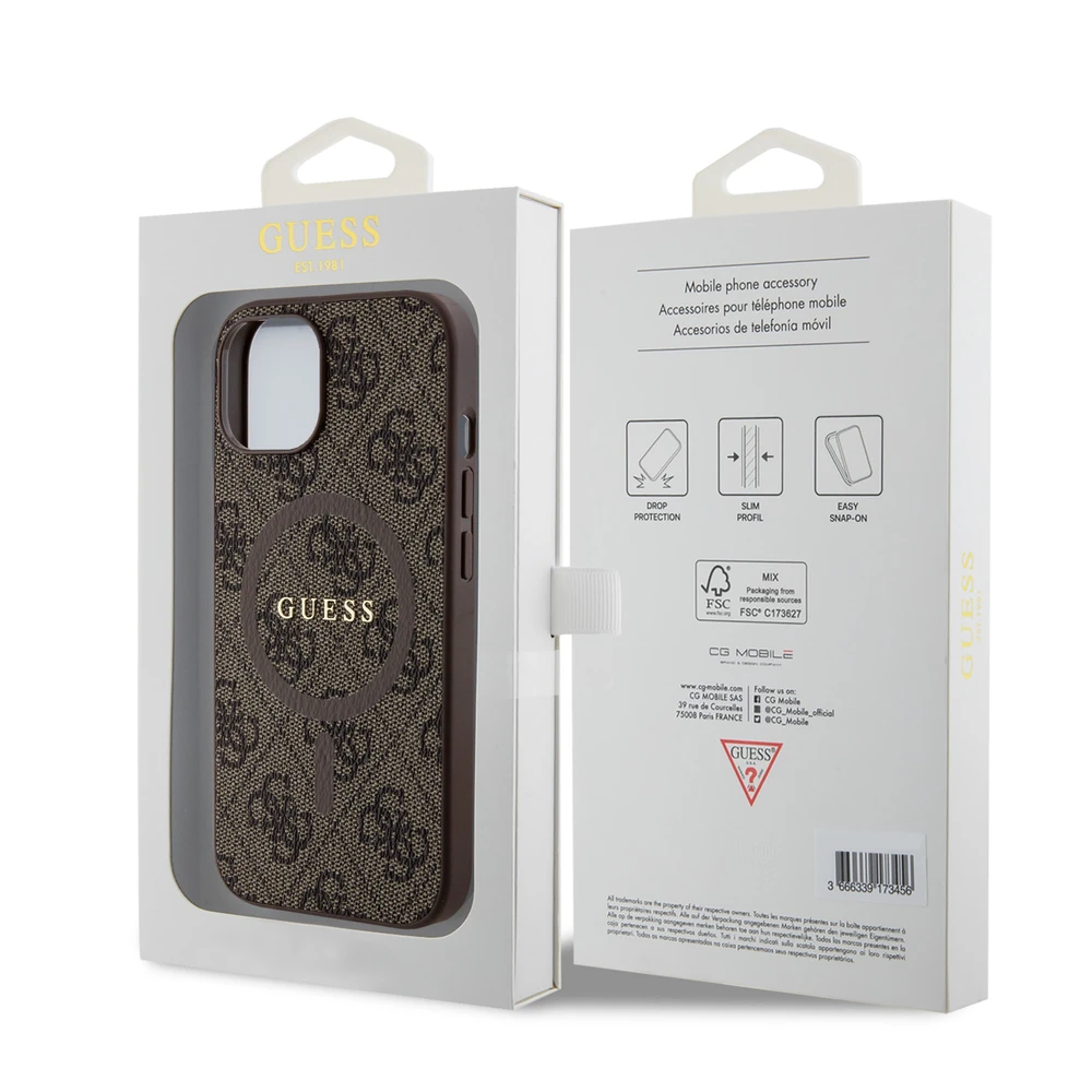 Dėklas GUESS GUHMP15SG4GFRW IPHONE 15/14/13 6.1 "BROWN / BROWN HARDCASE 4G COLLECTION LEATHER METAL LOGO MAGSAFE