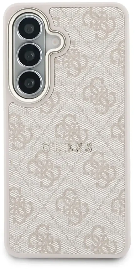 „Guess“ PU odos 4G auksinio rėmelio telefono dėklas, skirtas „Samsung Galaxy S26+“ (S947), rožinis