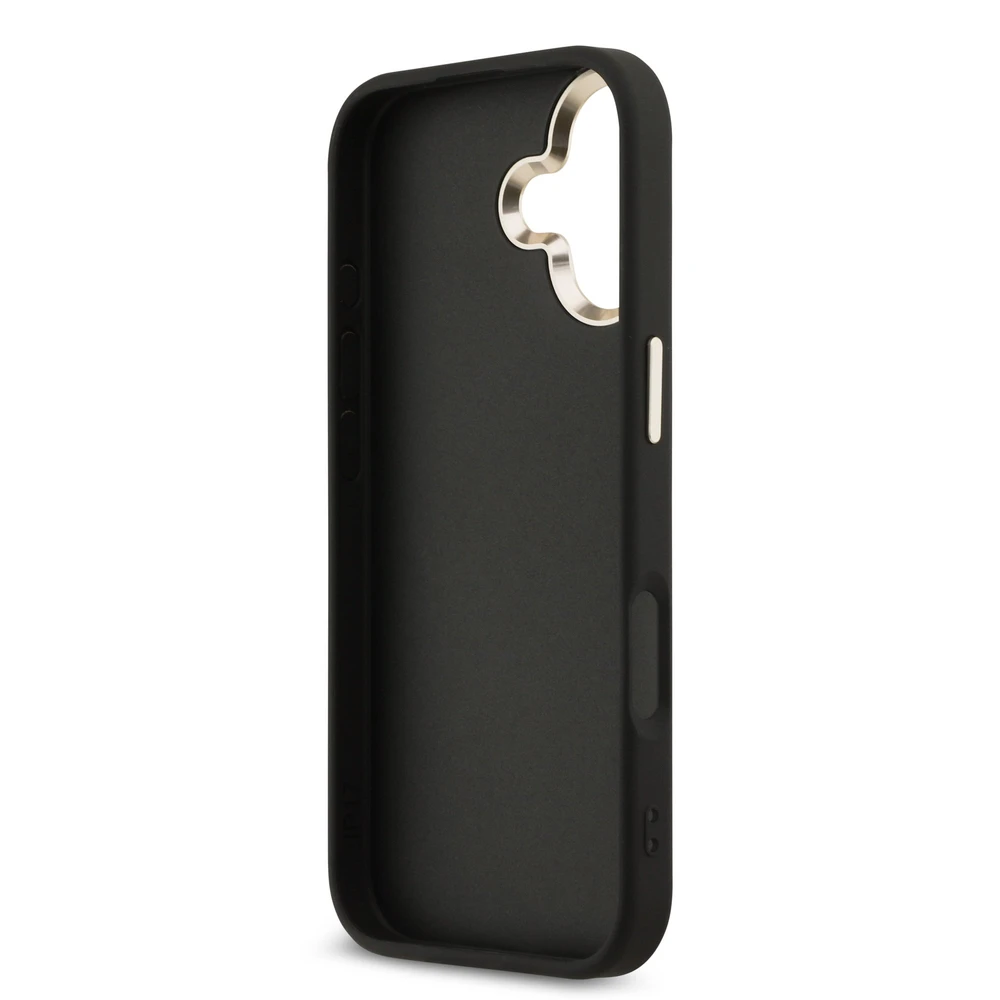 Guess PU Leather 4G Metal Logo Gold Frame dėklas skirtas Apple iPhone 17 juodos spalvos