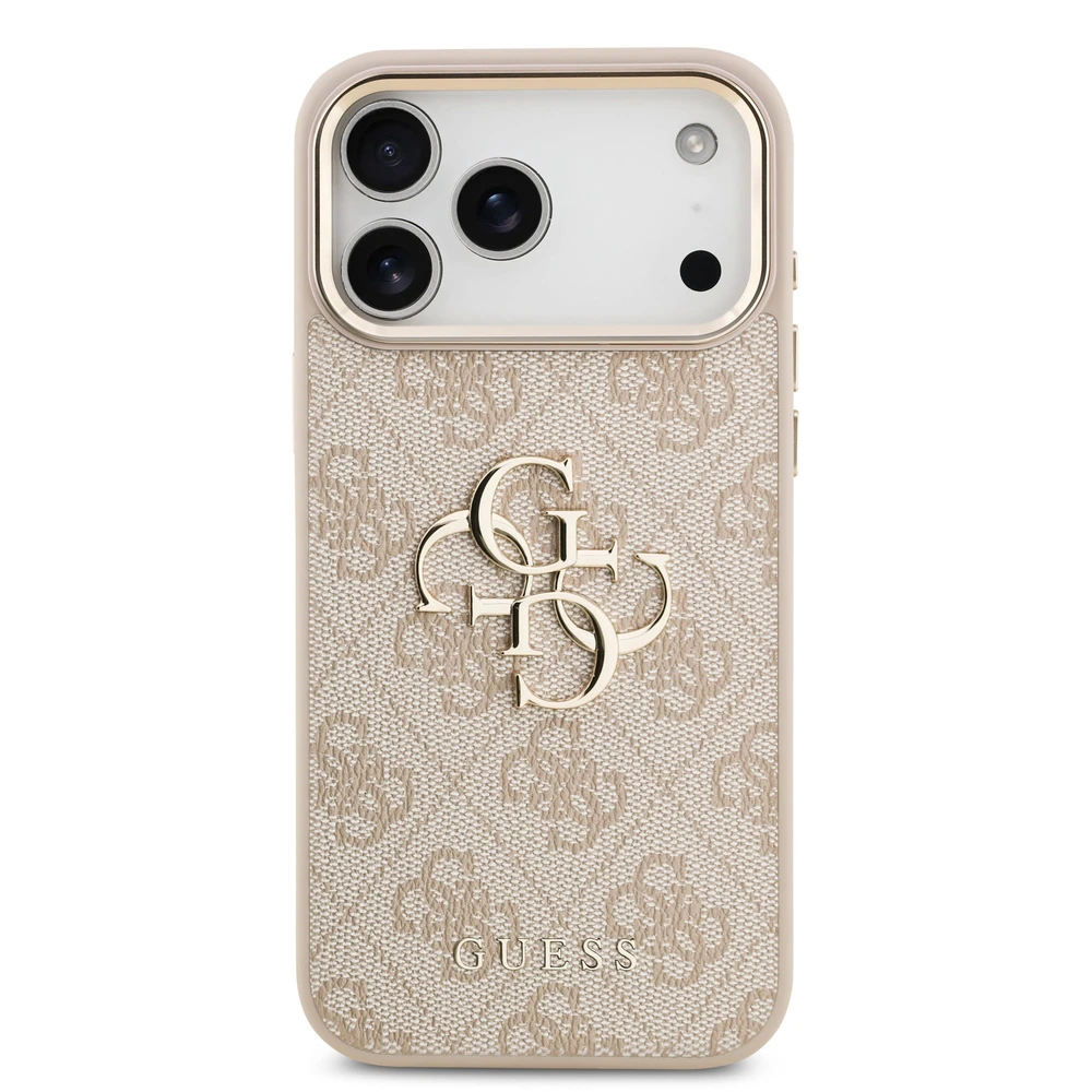 Guess PU odos 4G Metal Logo Gold Frame dėklas skirtas iPhone 17 Pro Max rožinės spalvos