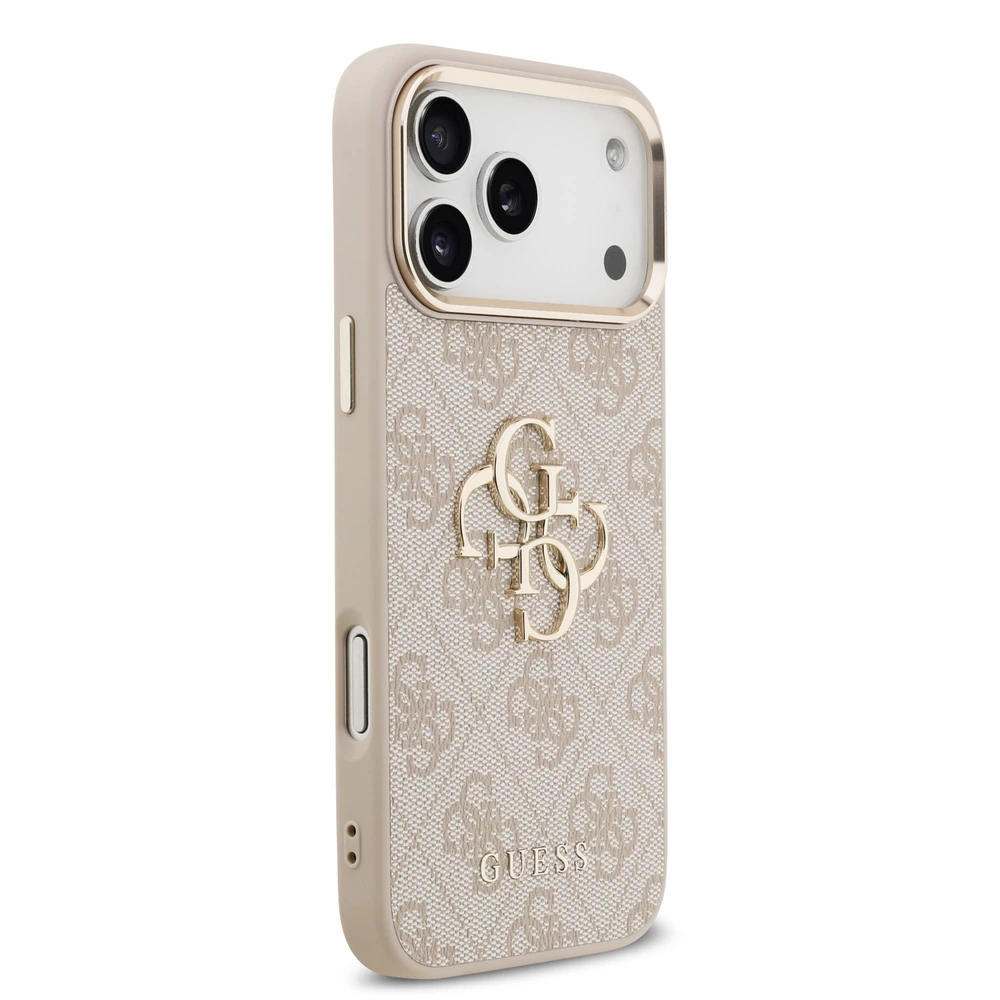 Guess PU odos 4G Metal Logo Gold Frame dėklas skirtas iPhone 17 Pro Max rožinės spalvos