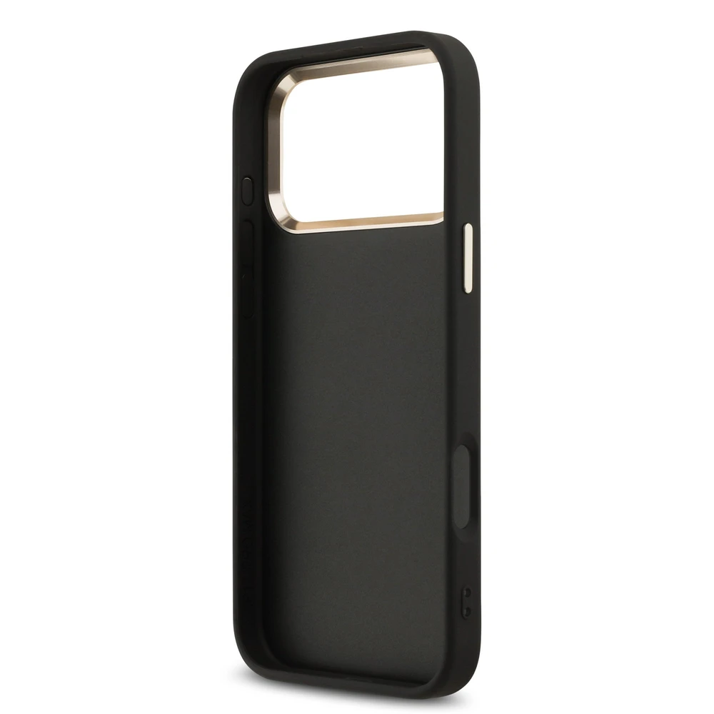 Guess PU Leather 4G Metal Logo Gold Frame dėklas skirtas Apple iPhone 17 Pro Max juodos spalvos