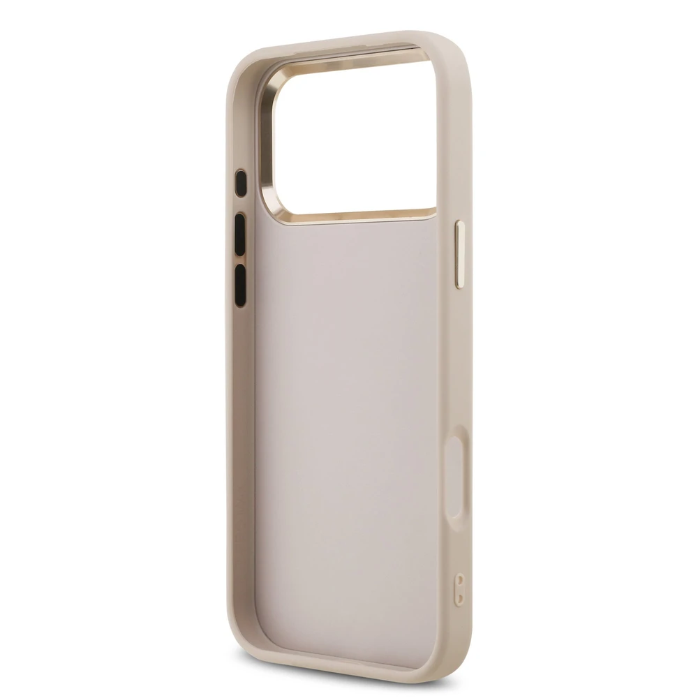 Guess PU odos 4G Metal Logo Gold Frame dėklas skirtas iPhone 17 Pro Max rožinės spalvos