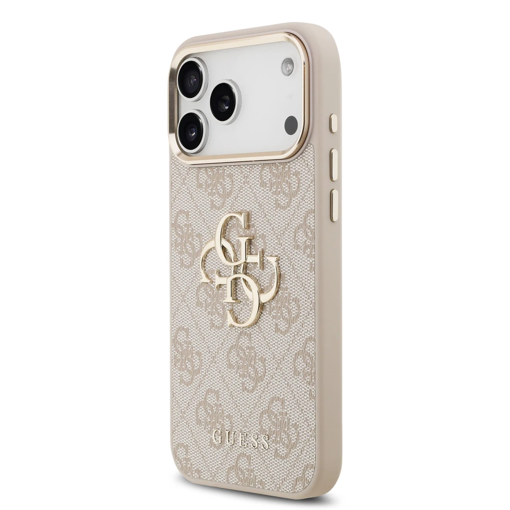 Guess PU odos 4G Metal Logo Gold Frame dėklas skirtas iPhone 17 Pro Max rožinės spalvos
