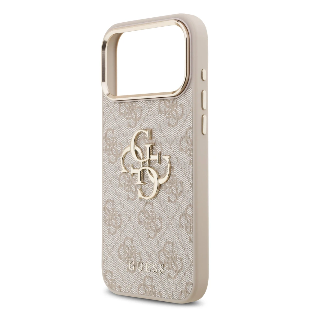 Guess PU odos 4G Metal Logo Gold Frame dėklas skirtas iPhone 17 Pro Max rožinės spalvos