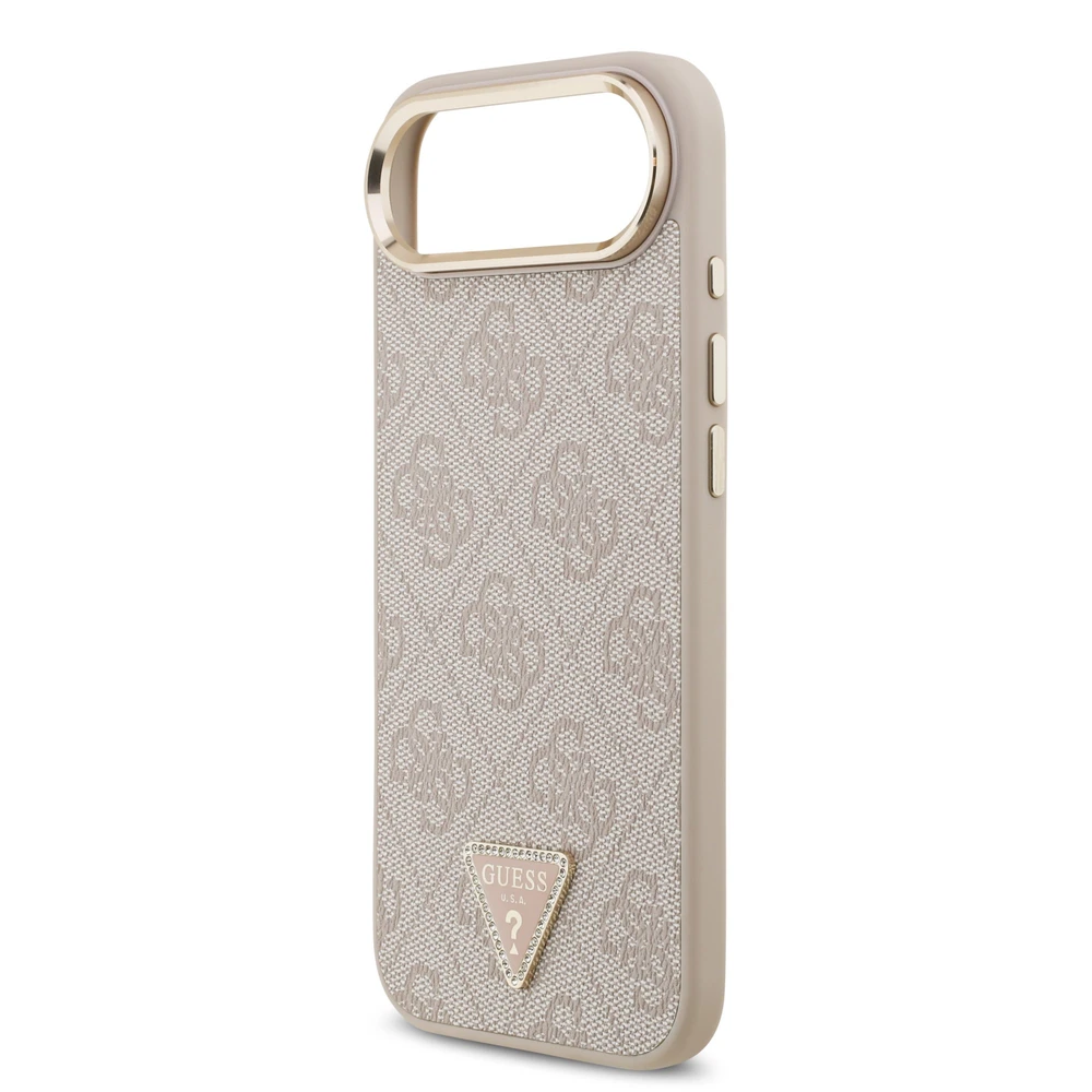 Guess PU Leather 4G Strass Triangle Logo Gold Frame MagSafe dėklas skirtas Apple iPhone Air rožinės spalvos