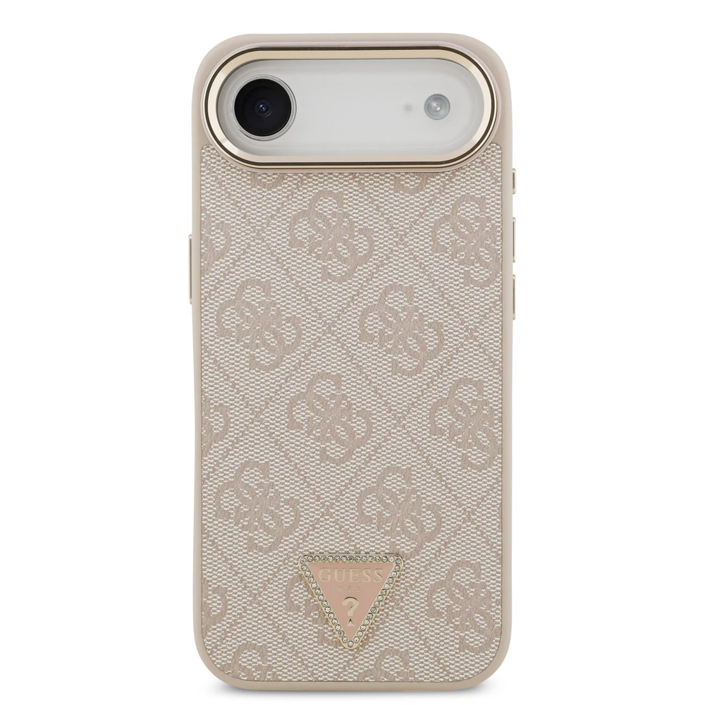 Guess PU Leather 4G Strass Triangle Logo Gold Frame MagSafe dėklas skirtas Apple iPhone Air rožinės spalvos
