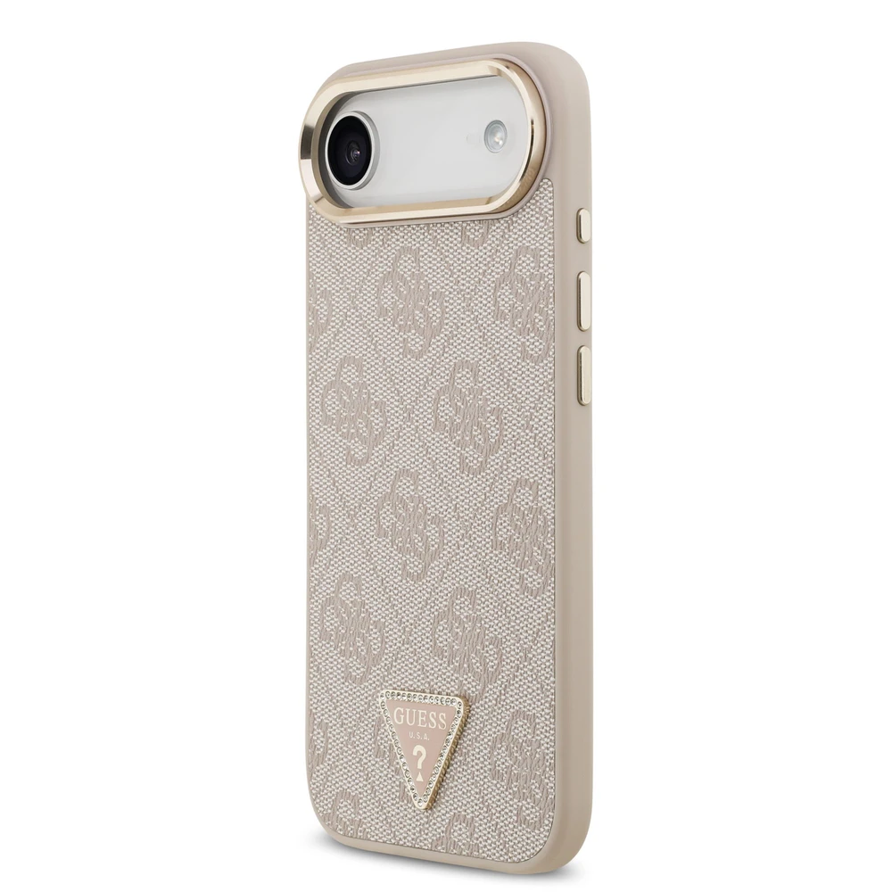 Guess PU Leather 4G Strass Triangle Logo Gold Frame MagSafe dėklas skirtas Apple iPhone Air rožinės spalvos