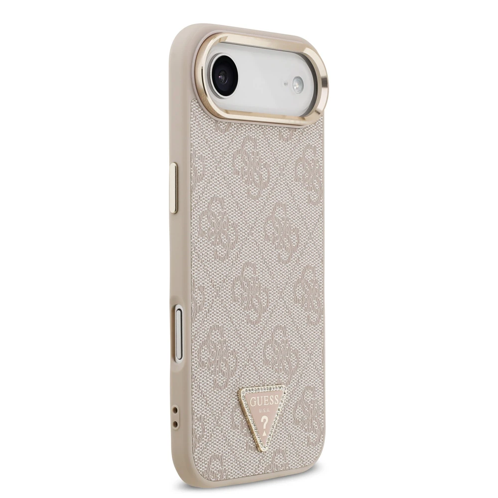 Guess PU Leather 4G Strass Triangle Logo Gold Frame MagSafe dėklas skirtas Apple iPhone Air rožinės spalvos