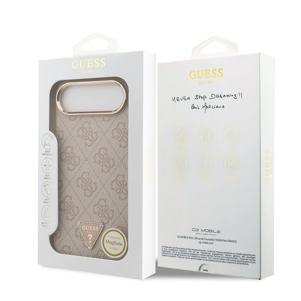 Guess PU Leather 4G Strass Triangle Logo Gold Frame MagSafe dėklas skirtas Apple iPhone Air rožinės spalvos