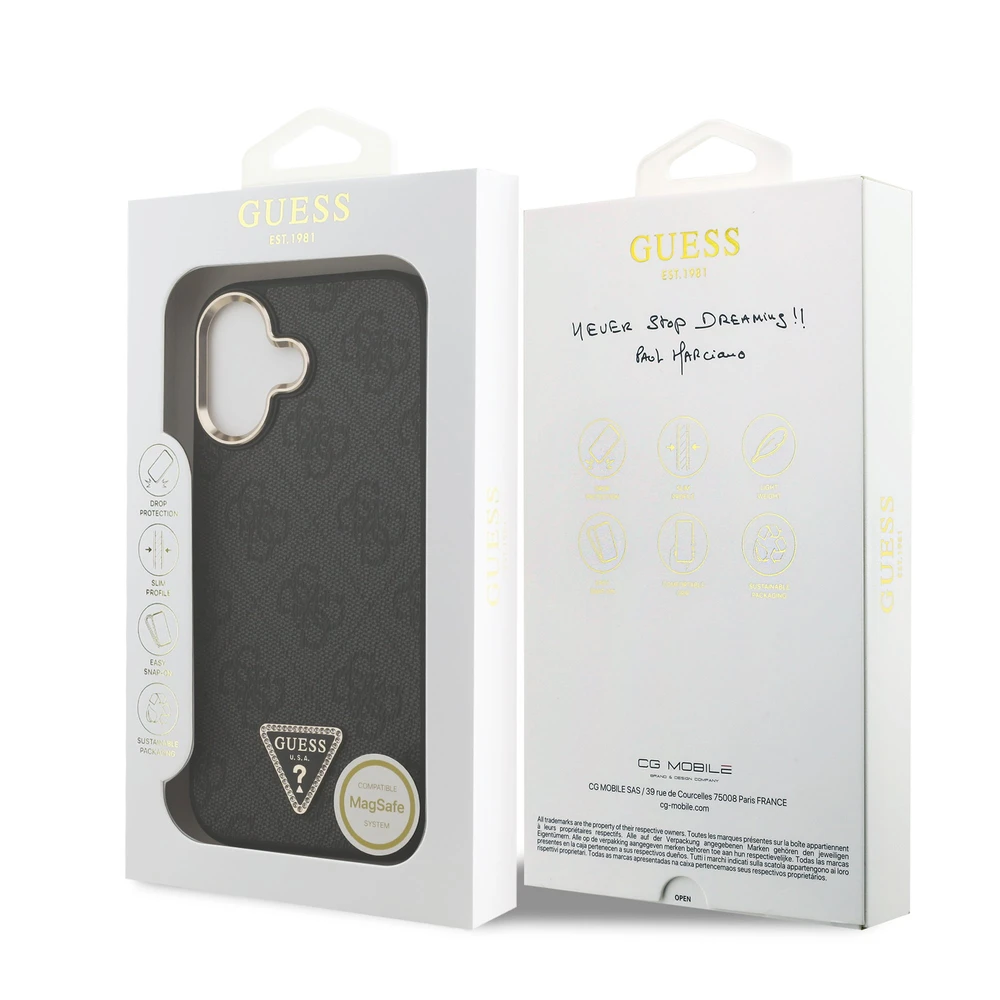 Guess PU Leather 4G Triangle Logo Gold Frame MagSafe dėklas skirtas Apple iPhone 17 juodos spalvos