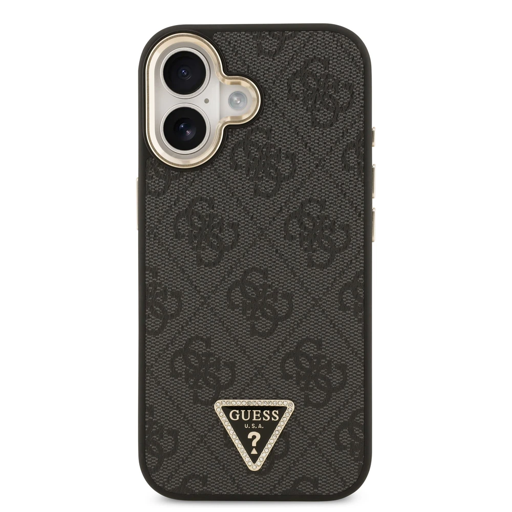 Guess PU Leather 4G Triangle Logo Gold Frame MagSafe dėklas skirtas Apple iPhone 17 juodos spalvos
