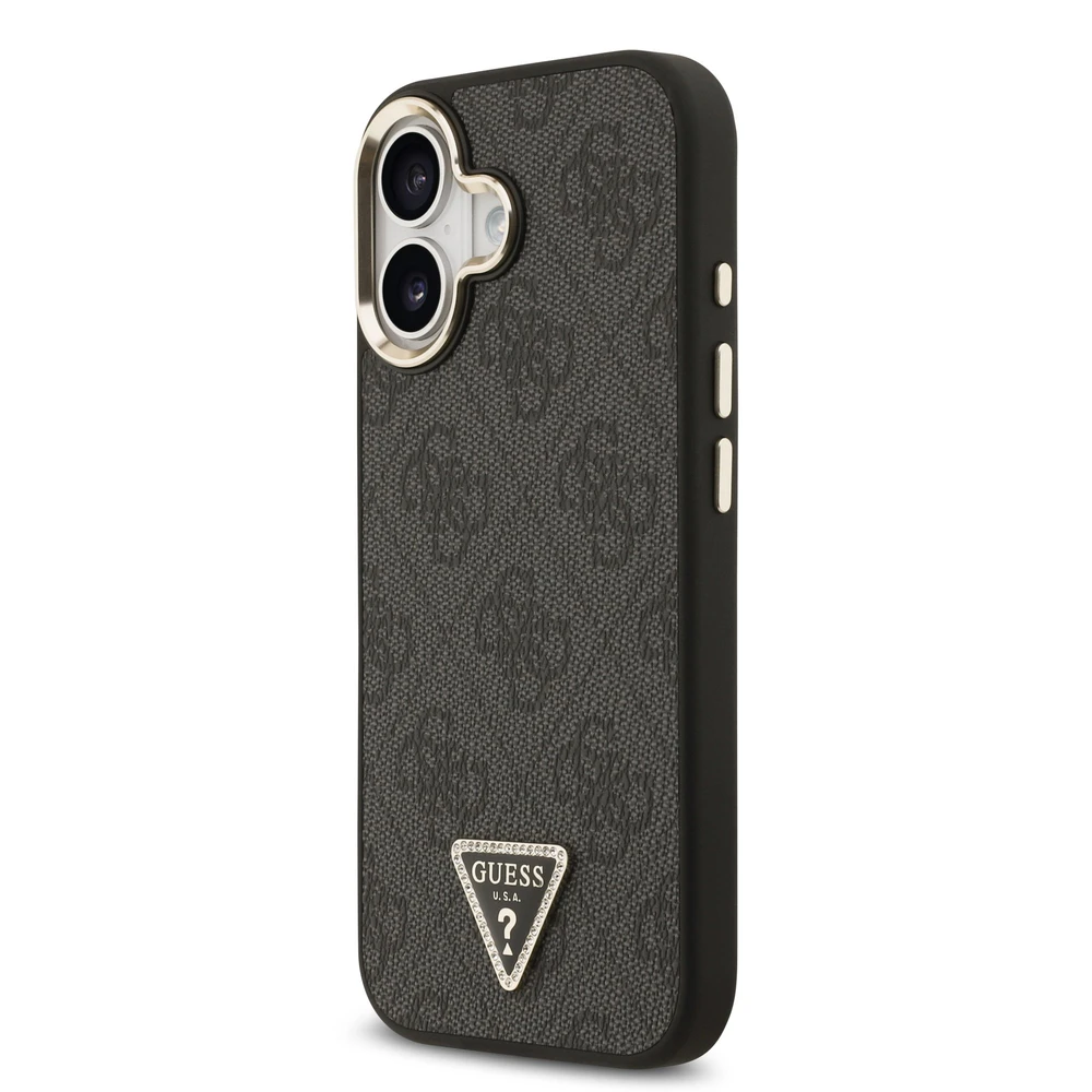 Guess PU Leather 4G Triangle Logo Gold Frame MagSafe dėklas skirtas Apple iPhone 17 juodos spalvos