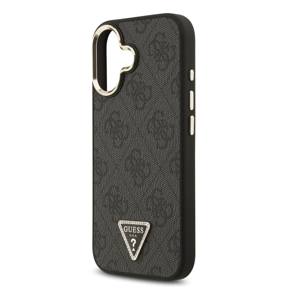 Guess PU Leather 4G Triangle Logo Gold Frame MagSafe dėklas skirtas Apple iPhone 17 juodos spalvos
