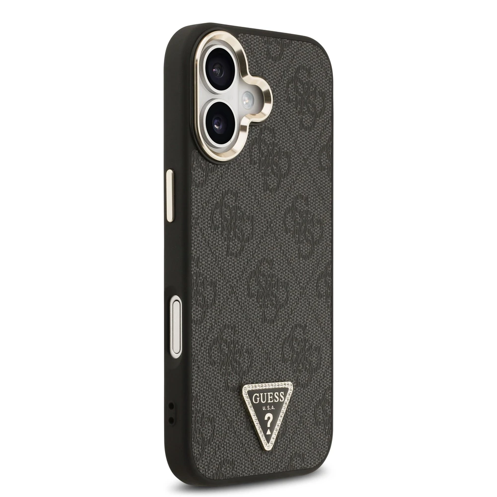 Guess PU Leather 4G Triangle Logo Gold Frame MagSafe dėklas skirtas Apple iPhone 17 juodos spalvos