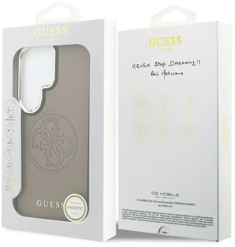 „Guess“ PU perforuotas 4G logotipo telefono dėklas, skirtas „Samsung Galaxy S26 Ultra“ (S948), rudas