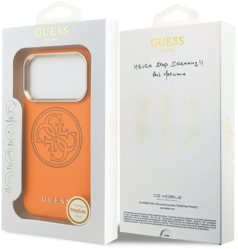 Guess PU Perforated 4G Logo MagSafe dėklas skirtas iPhone 17 Pro Max oranžinės spalvos