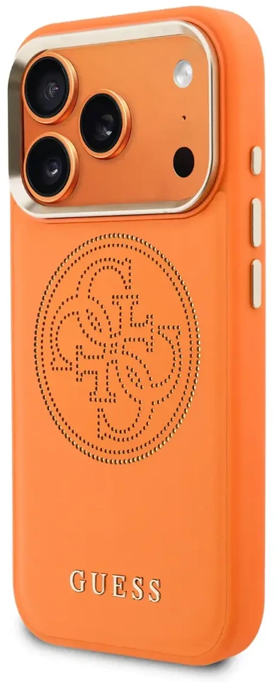 Guess PU Perforated 4G Logo MagSafe dėklas skirtas iPhone 17 Pro Max oranžinės spalvos