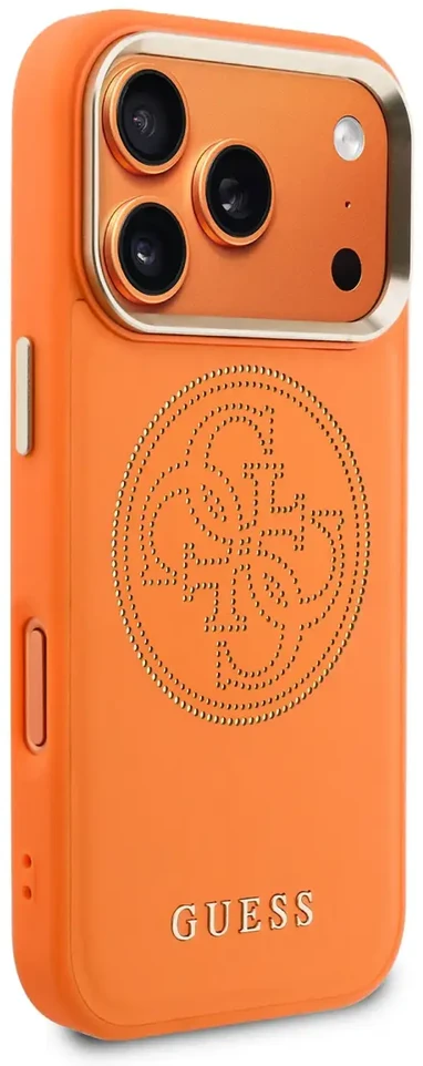 Guess PU Perforated 4G Logo MagSafe dėklas skirtas iPhone 17 Pro Max oranžinės spalvos