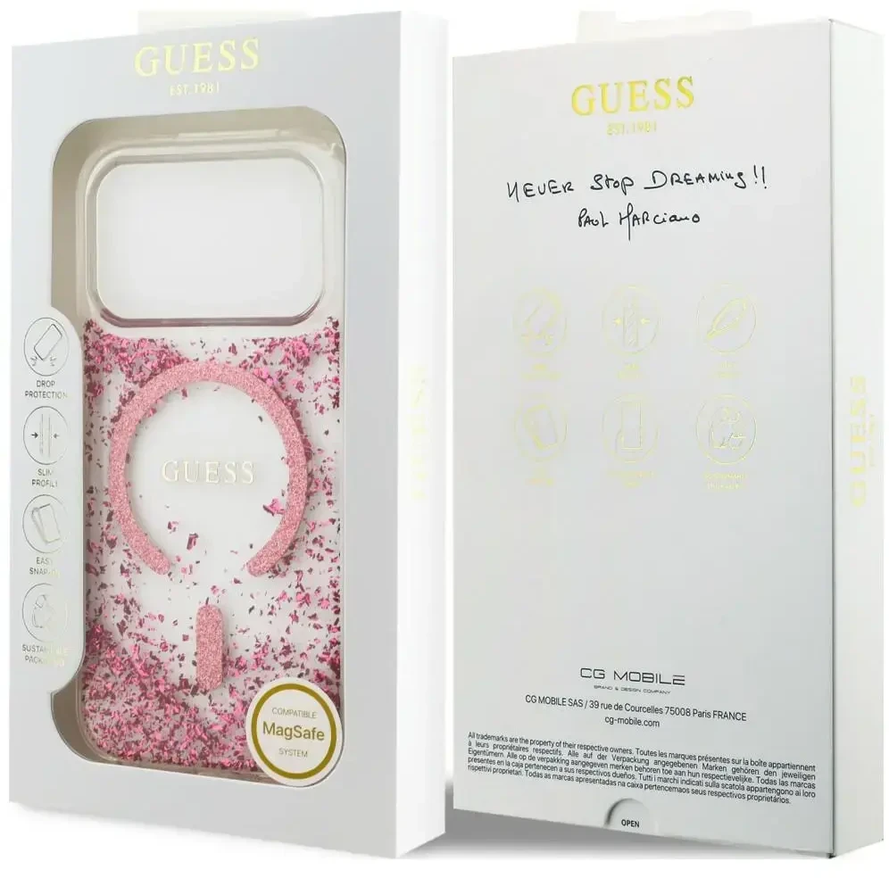 Dėklas Guess Resin Bottom Glitter MagSafe do iPhone 18 Pro Max / 17 Pro Max rožinė