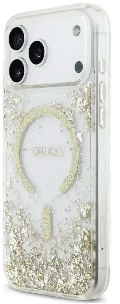 Dėklas Guess Resin Bottom Glitter MagSafe do iPhone 18 Pro Max / 17 Pro Max auksinė