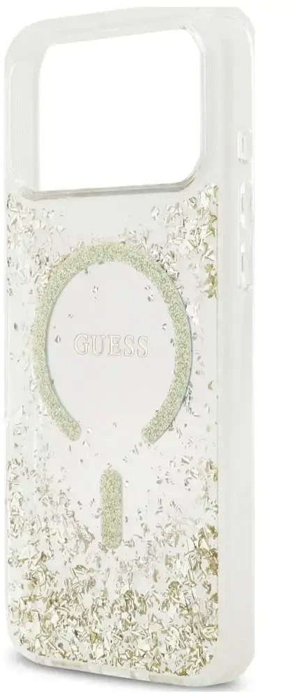 Dėklas Guess Resin Bottom Glitter MagSafe do iPhone 18 Pro Max / 17 Pro Max auksinė