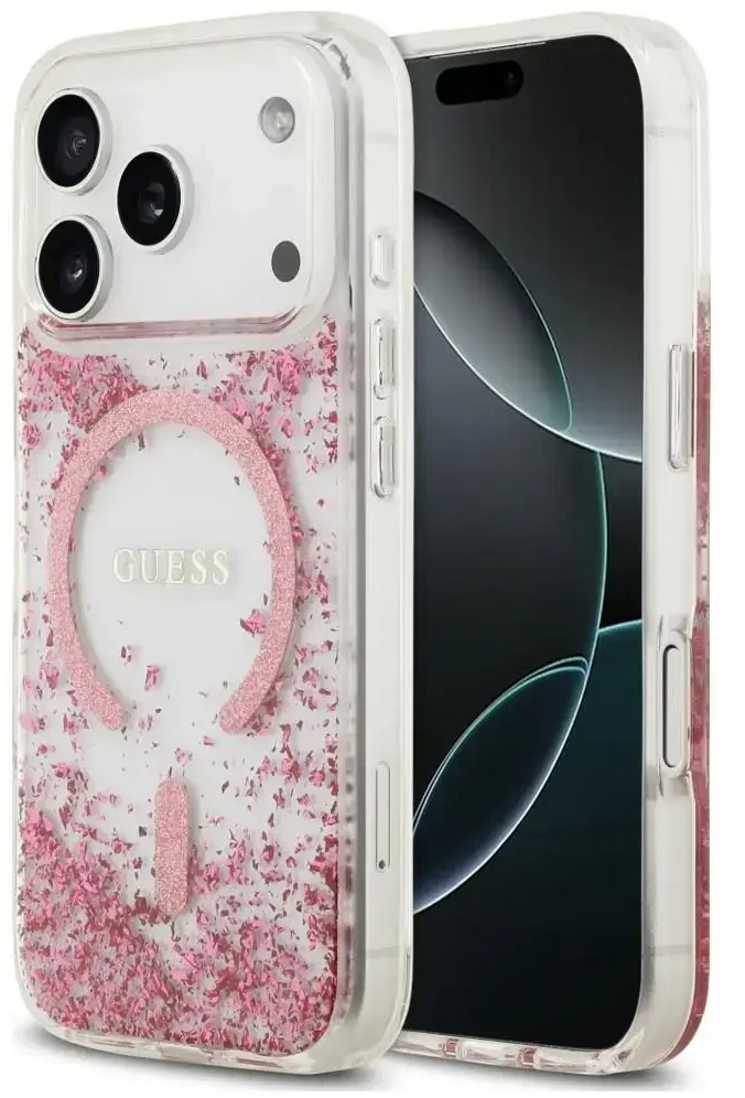 Dėklas Guess Resin Bottom Glitter MagSafe do iPhone 18 Pro Max / 17 Pro Max rožinė