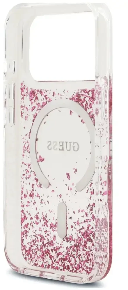 Dėklas Guess Resin Bottom Glitter MagSafe do iPhone 18 Pro / 17 Pro rožinė