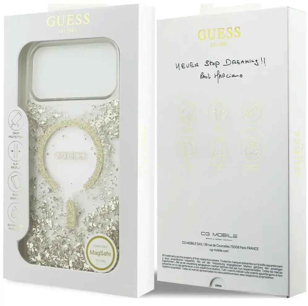 Dėklas Guess Resin Bottom Glitter MagSafe do iPhone 18 Pro Max / 17 Pro Max auksinė