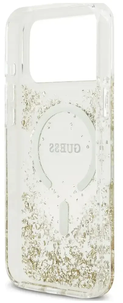 Dėklas Guess Resin Bottom Glitter MagSafe do iPhone 18 Pro Max / 17 Pro Max auksinė