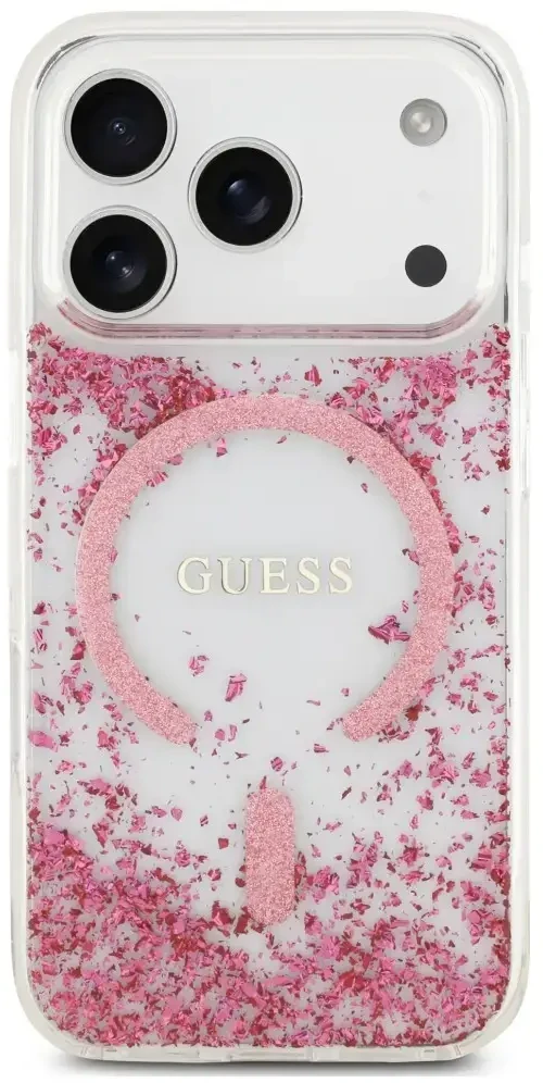 Dėklas Guess Resin Bottom Glitter MagSafe do iPhone 18 Pro Max / 17 Pro Max rožinė