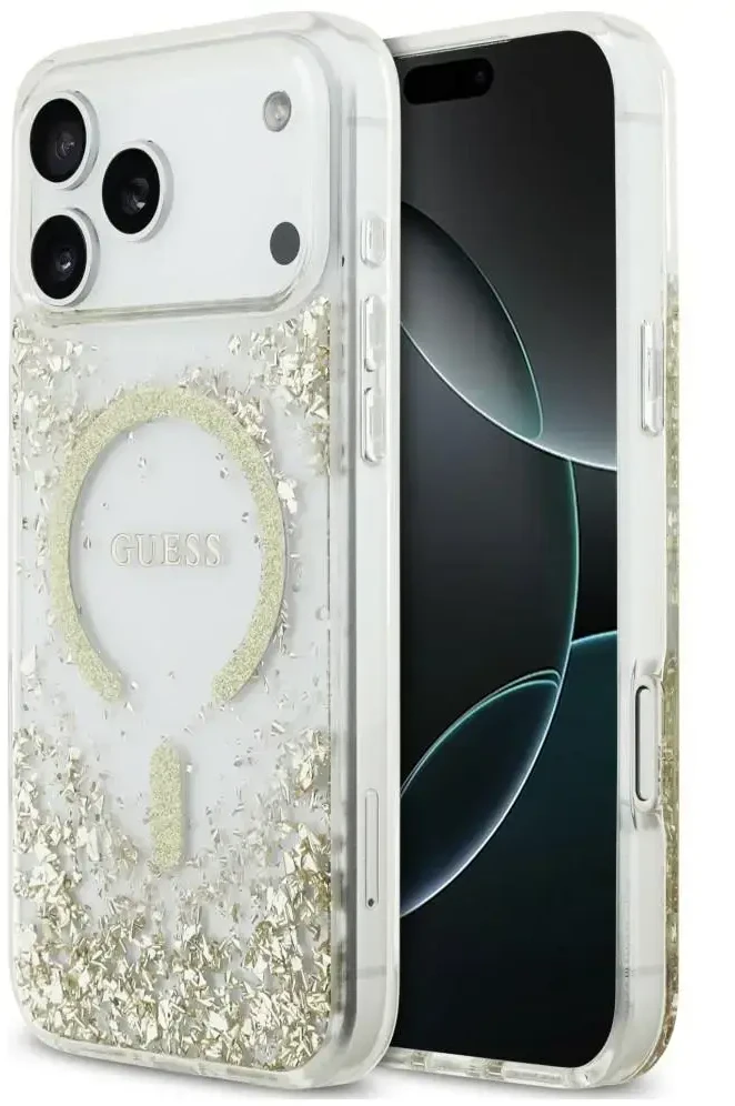 Dėklas Guess Resin Bottom Glitter MagSafe do iPhone 18 Pro Max / 17 Pro Max auksinė