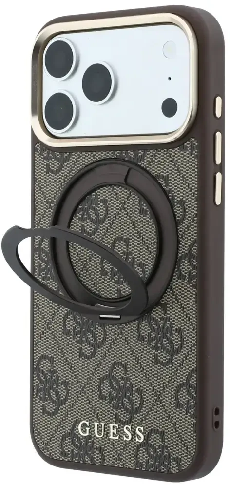 Guess Ring Stand 360 4G Classic Logo MagSafe dėklas, skirtas iPhone 18 Pro / 17 Pro, rudas
