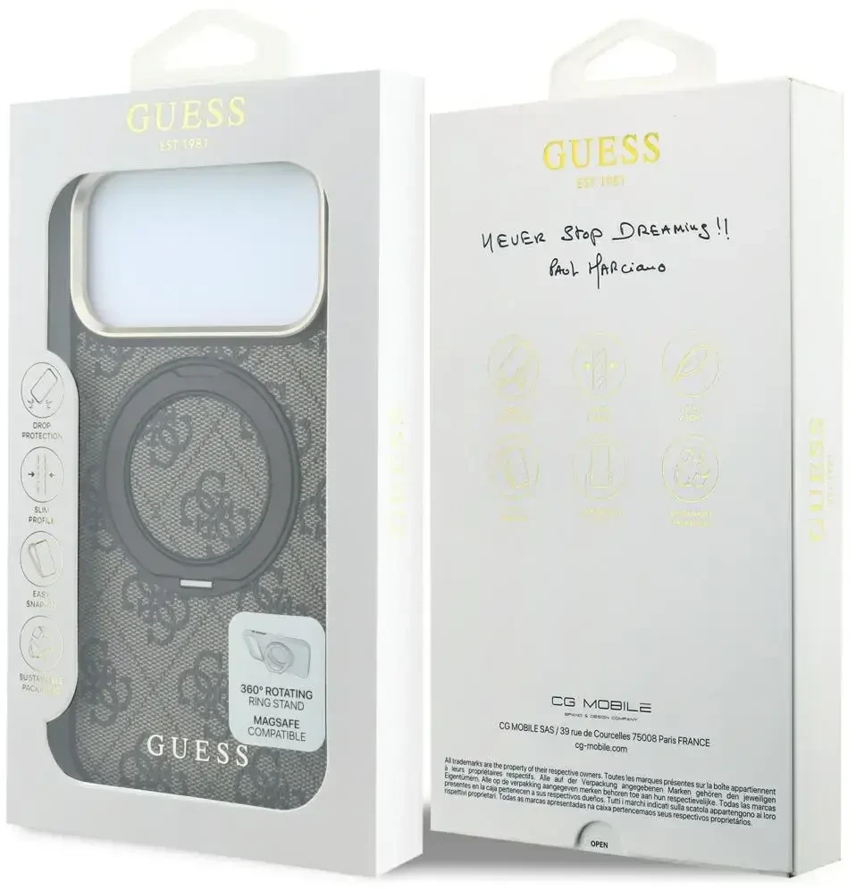 Guess Ring Stand 360 4G Classic Logo MagSafe dėklas, skirtas iPhone 18 Pro / 17 Pro, rudas