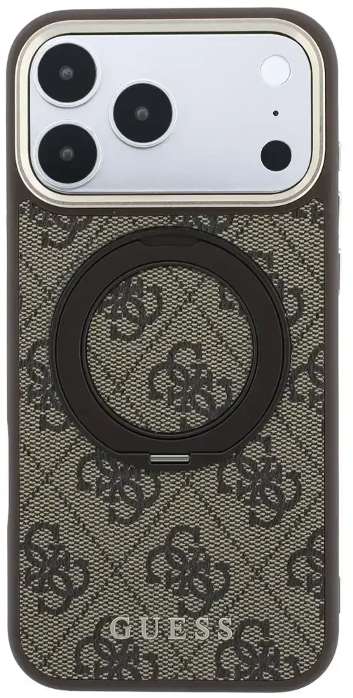 Guess Ring Stand 360 4G Classic Logo MagSafe dėklas, skirtas iPhone 18 Pro / 17 Pro, rudas