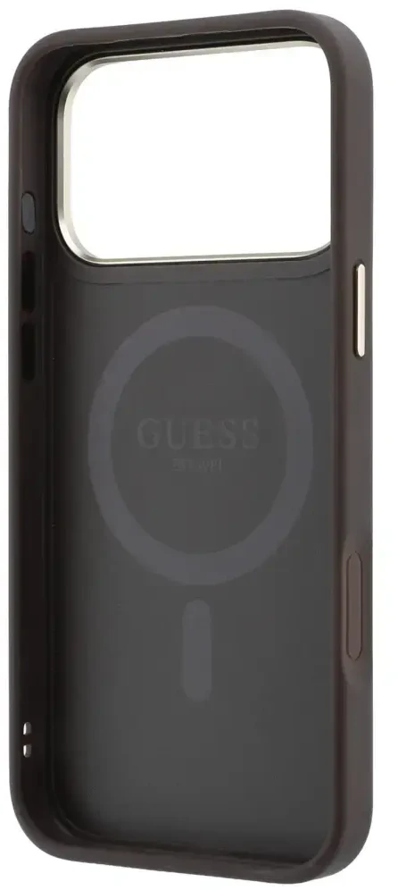 Guess Ring Stand 360 4G Classic Logo MagSafe dėklas, skirtas iPhone 18 Pro / 17 Pro, rudas