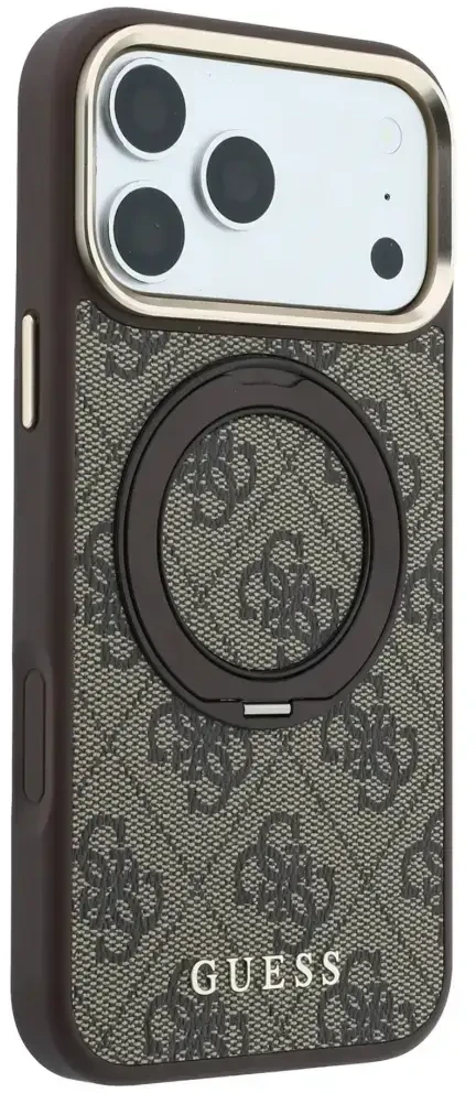 Guess Ring Stand 360 4G Classic Logo MagSafe dėklas, skirtas iPhone 18 Pro / 17 Pro, rudas
