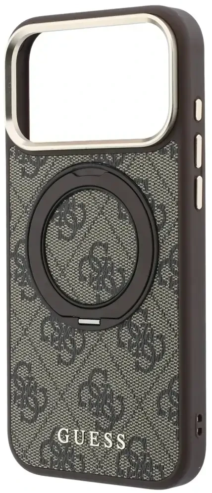 Guess Ring Stand 360 4G Classic Logo MagSafe dėklas, skirtas iPhone 18 Pro / 17 Pro, rudas
