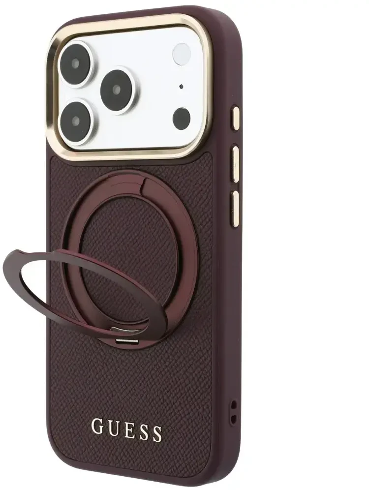 Dėklas Guess Ring Stand 360 Grained Classic Logo MagSafe do iPhone 18 Pro Max / 17 Pro Max bordo spalvos