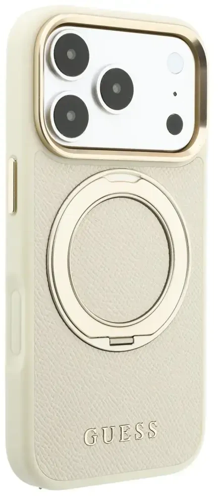 Dėklas Guess Ring Stand 360 Grained Classic Logo MagSafe do iPhone 18 Pro Max / 17 Pro Max smėlio spalva