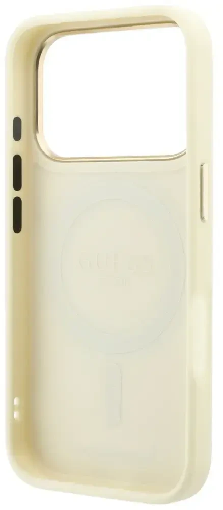Dėklas Guess Ring Stand 360 Grained Classic Logo MagSafe do iPhone 18 Pro Max / 17 Pro Max smėlio spalva