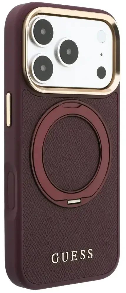 Dėklas Guess Ring Stand 360 Grained Classic Logo MagSafe do iPhone 18 Pro / 17 Pro bordo spalvos